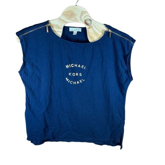 Michael Kors Size 3X Navy Blue and Gold Shoulder Zipper Short Sleeve T-Shirt - Picture 1 of 6